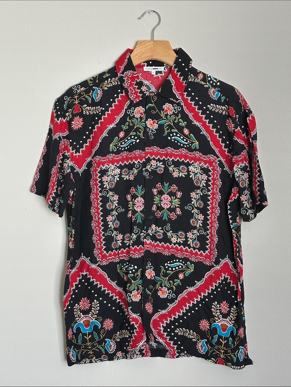 Fashion Nova Black & Red Floral Bandana Print Short-Sleeve Shirt